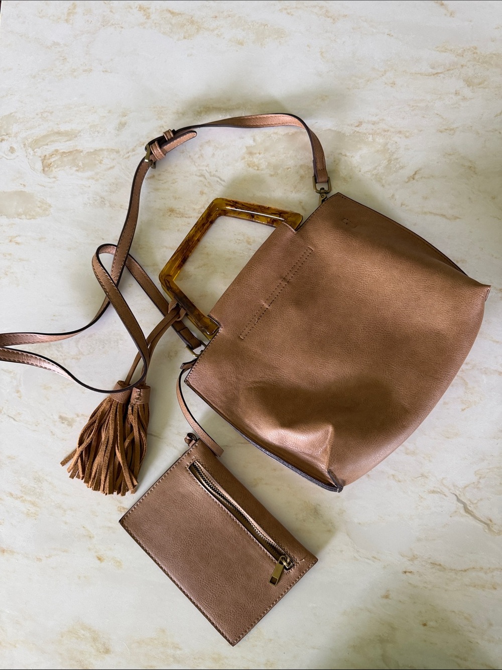 Anthropologie Tan Faux Leather Shoulder Bag with Tortoiseshell Handle